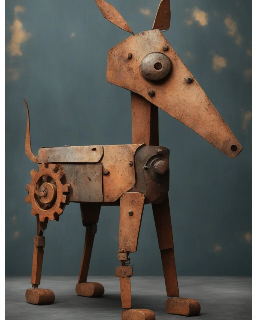 Illustration, comical dog created with disconnected shapes, shapes composed of flat rusted distressed metal panels. long irregular scalene triangle for head with oddly shaped ears, long neck connecting triangle head to oval body, with four legs and paws attached to body. A large rusted gear for the tail. whimsical, steampunk, dark distressed background.