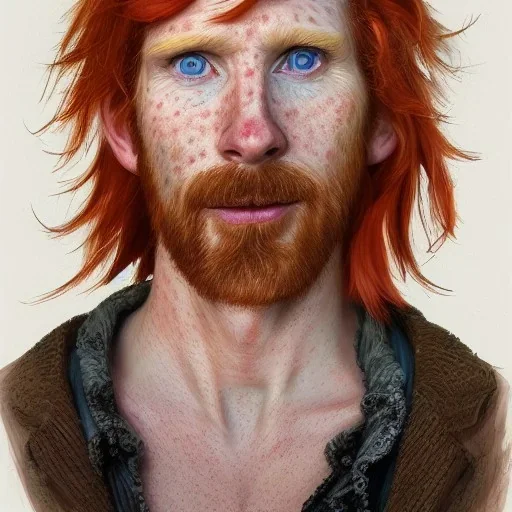 Portrait of Courtney Gains as a ruggedly handsome, joyful, roguish pirate, charismatic, attractive male, masculine, perfect, precisely detailed clear eyes, softly freckled face, unblemished, flawless skin; meticulously detailed multi-hued ginger carrot colored cherry fire red hair; fantasy, intricate, elegant, highly detailed, digital painting, concept art, matte, sharp focus, illustration, art by artgerm and greg rutkowski and alphonse mucha