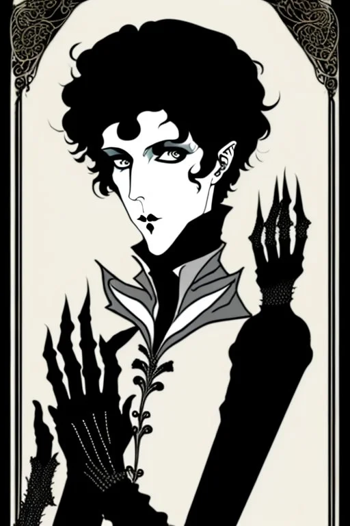 goth male necromancer with black hair and AI hands in the style of Aubrey Beardsley