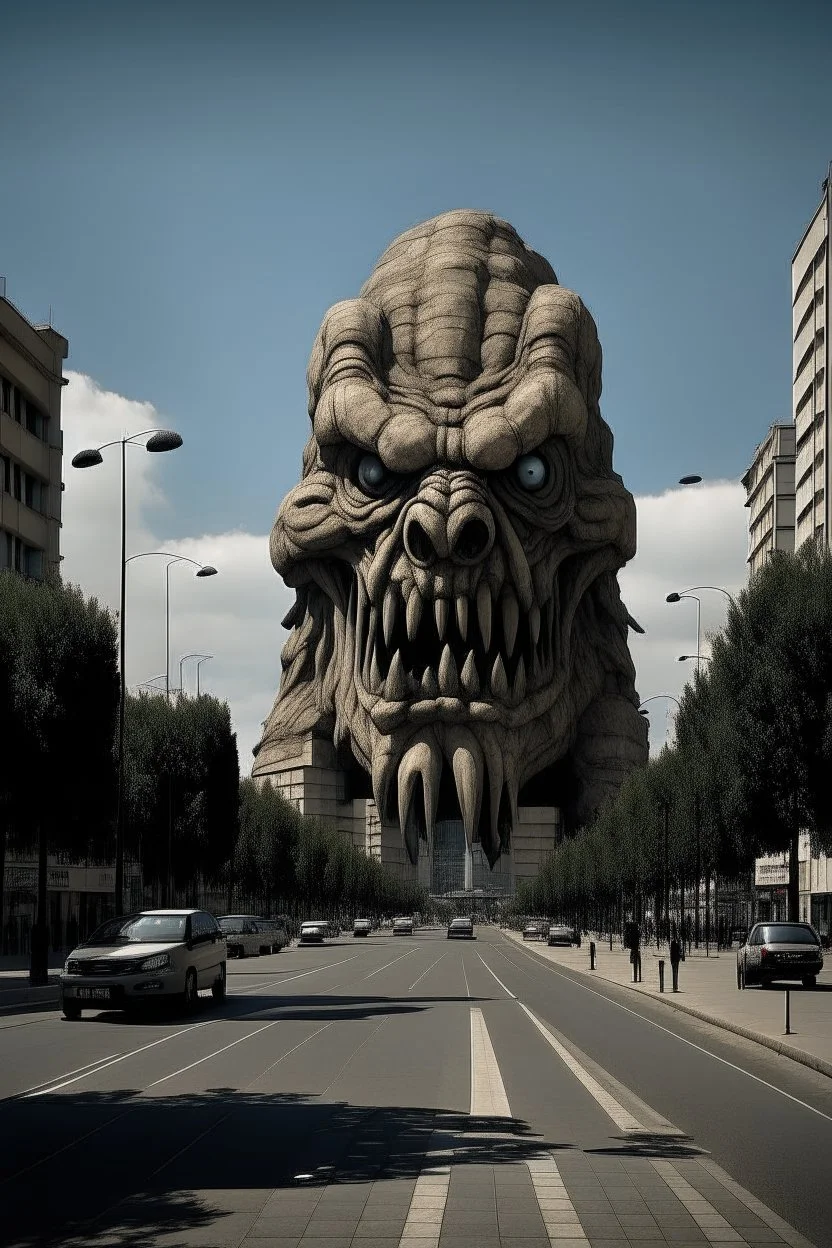 sur un très large boulevard d'une grande ville, un énorme monstre avec une tête de diable de la taille de 10 buildings de haut. Les gens ont le visage effrayé et courent dans tous les sens, les bras dans les airs.