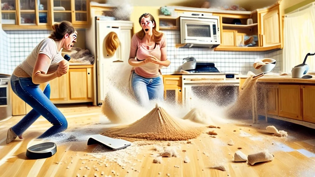 woman on the phone while husband pours baking flour all over the the floors and throw rug looking for make believe invisible tabletiops