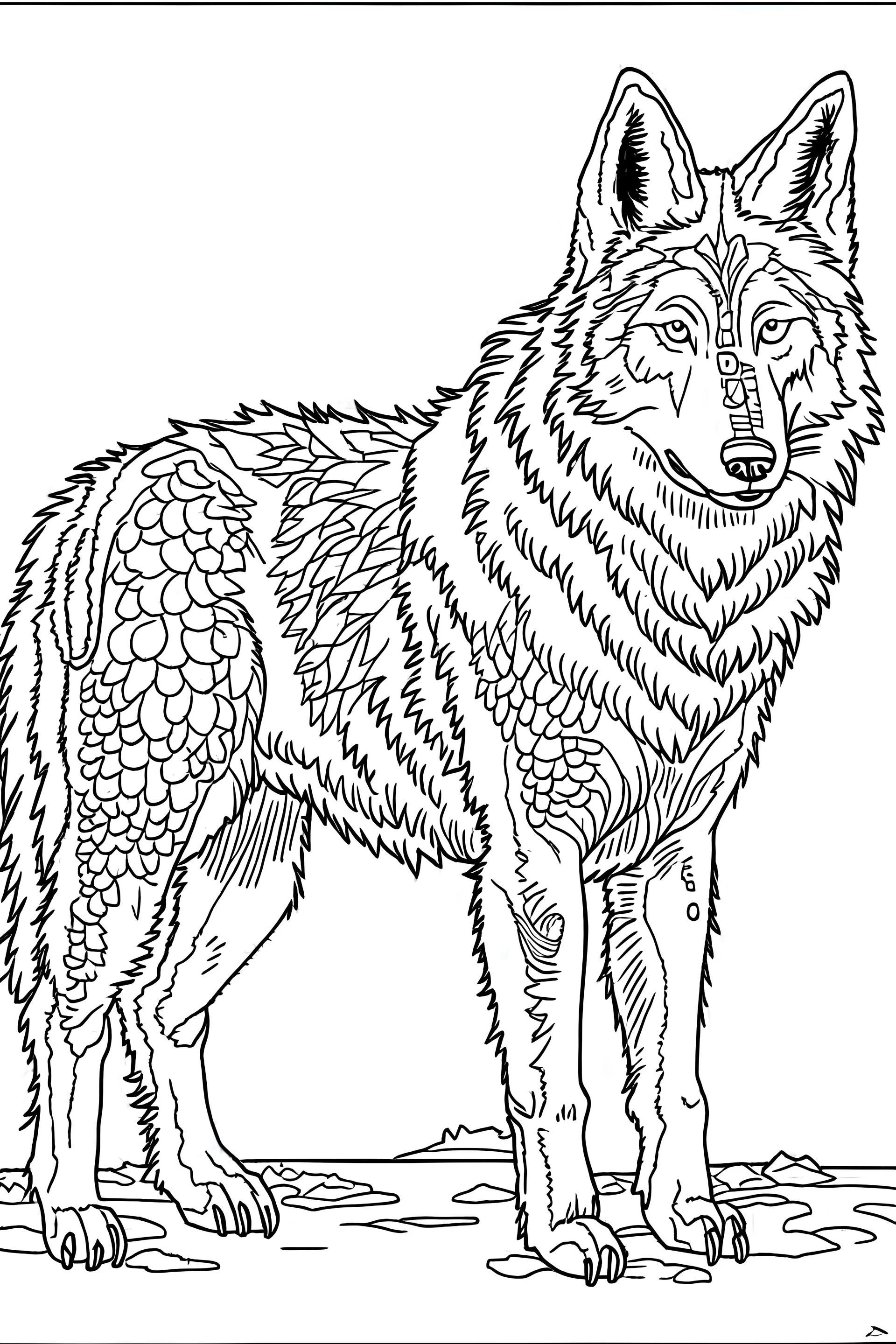 wolf. centered flat minimalistic black and white high contrast line drawing, coloring book style, {prompt}, (white sky, white clouds, white hair, white objects, white clothing, white fur, white skin, white terrain, white scales, white everything:1.1), blank white background.