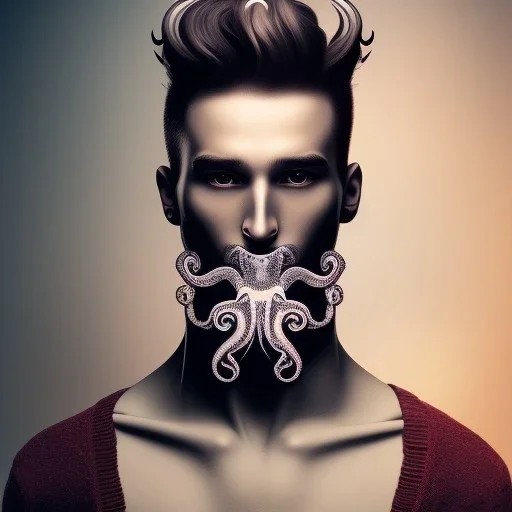 a masculine brunette gay austrian man with octopus plushie on head