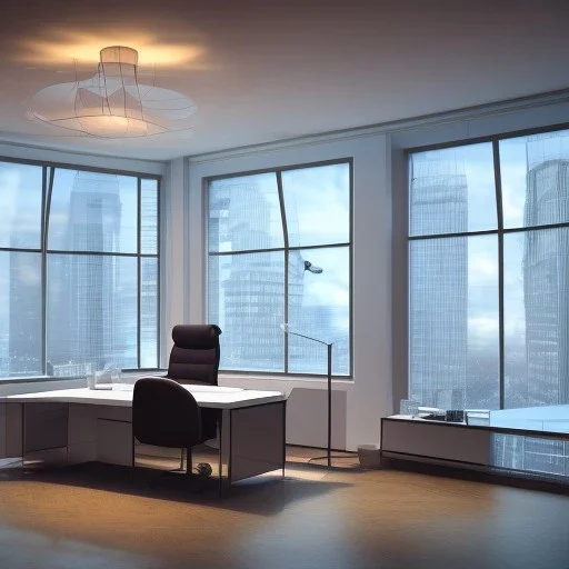 3d render of lawyer office, showing through the big glass windows the new year fireworks outside, hyper realistic, 4k