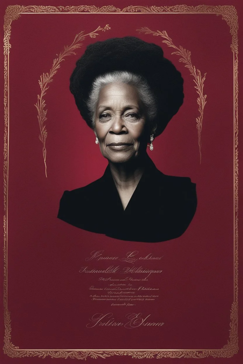 An extremely formal, funeral program written in French for a woman (include a front photograph of a beautiful lightly tanned elderly biracial black woman) on darkest red deeply pigmented velvet paper with brilliant, brightest heavy bright shining platinum calligraphy fonts, simple, minimalistic, less element, very dramatic lighting, brilliant colors,