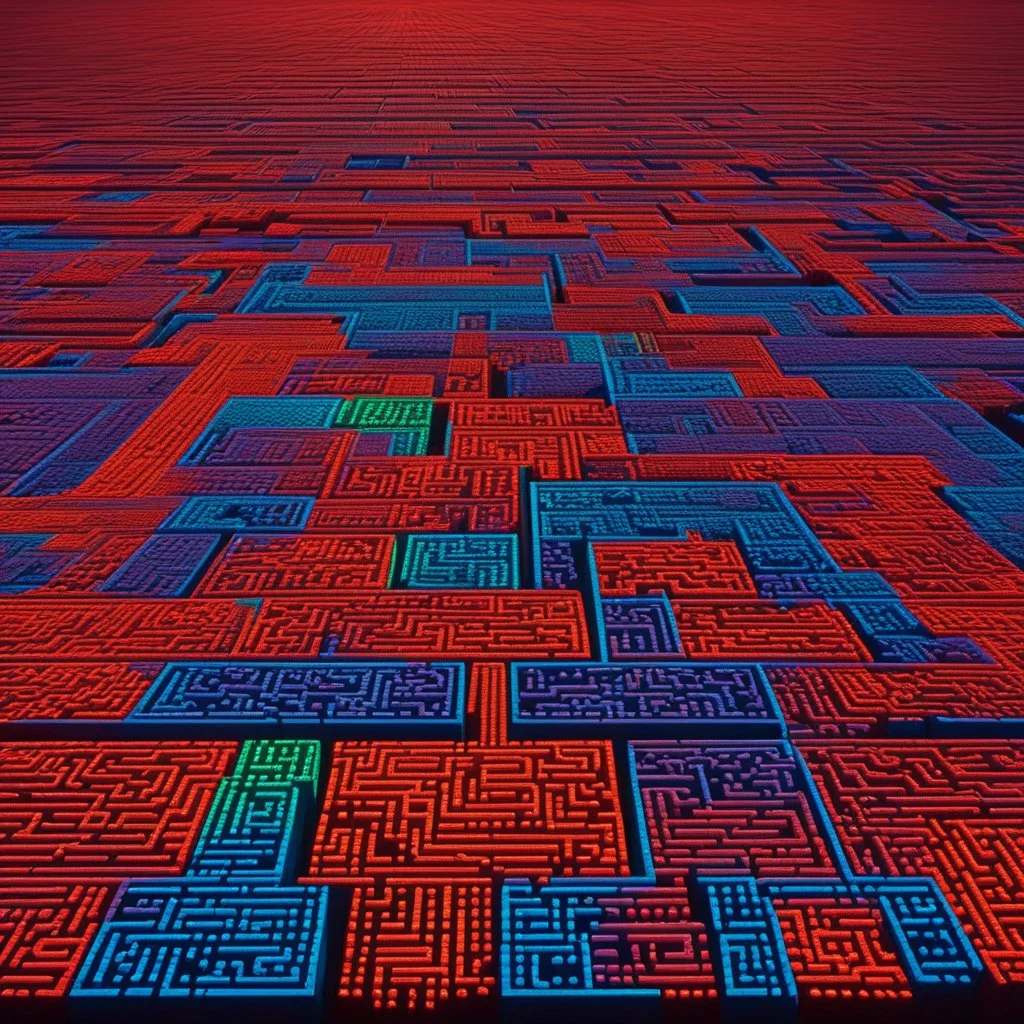 [style is lite brite art, luminous and colorful designs, pixelated compositions, retro aesthetic, glowing effects, creative patterns, interactive and playful, nostalgic charm, vibrant and dynamic arrangements] the red bricks of the maze seeming to hum with anticipation. The phantom's gaze follows my every move, its spectral presence both haunting and alluring. I can sense a powerful energy emanating from the cherry, a feeling of both danger and temptation intertwining in the air.