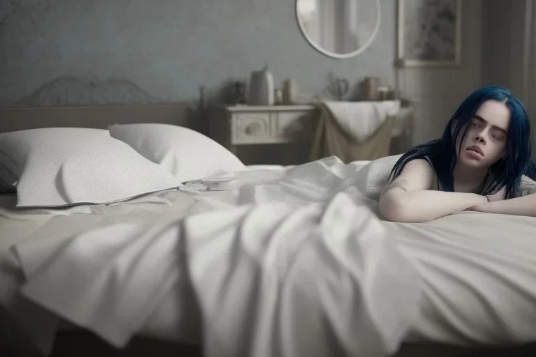 Billie Eilish, on the bed, in my underwear, pale skin, high detail, realistic, 8k, not to be distinguished from a photo