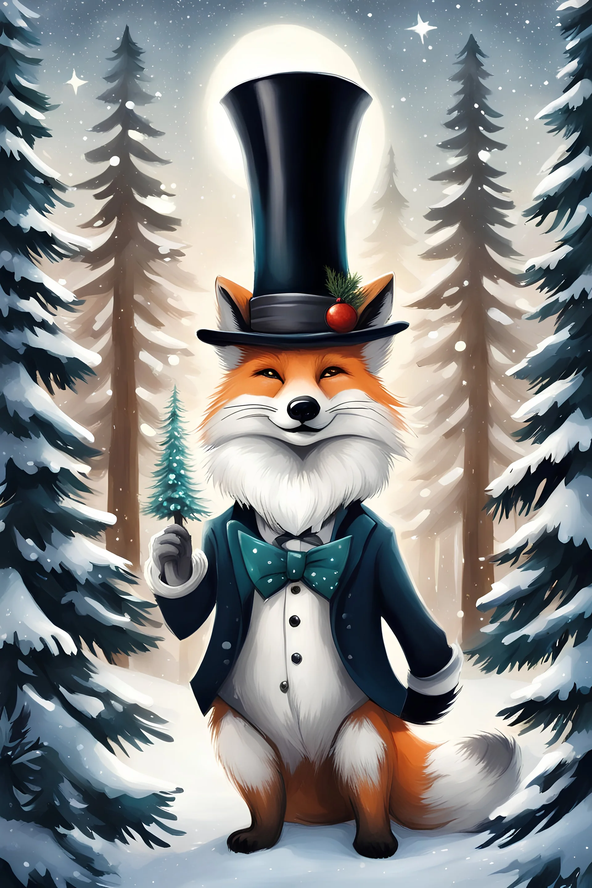 Cute fantasy white Christmas fox wearing a top hat; big pine trees all around; in the style of Brian Fround