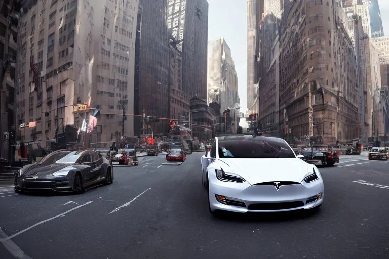 A Tesla 'Model S' is racing at top speed, on 'Wall Street', in New York. (CINEMATIC, WIDE ANGLE LENS, PHOTO REAL)