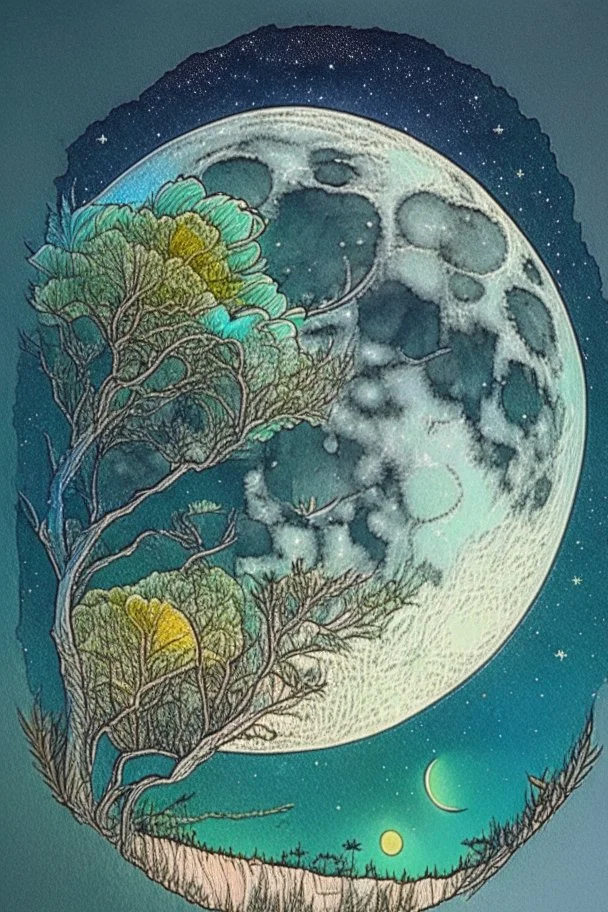 Large moon in the sky, nature doodles, drawing, color, detailed