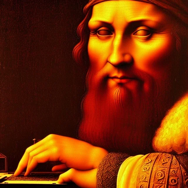 leonardo da vinci with computer. creating in photoshop. hyperdetailed, warm colors, movie poster, photoillustration, oil on canvas, lens flare