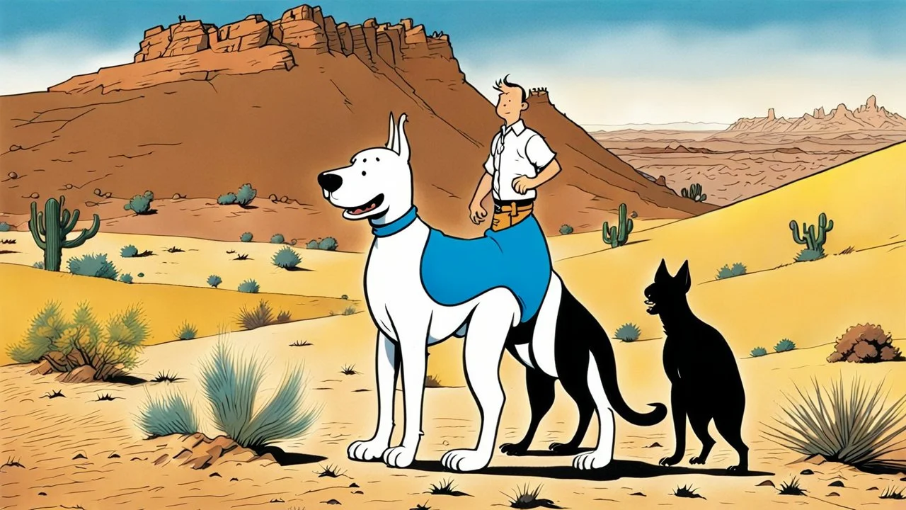 Tintin and hid dog in the desert