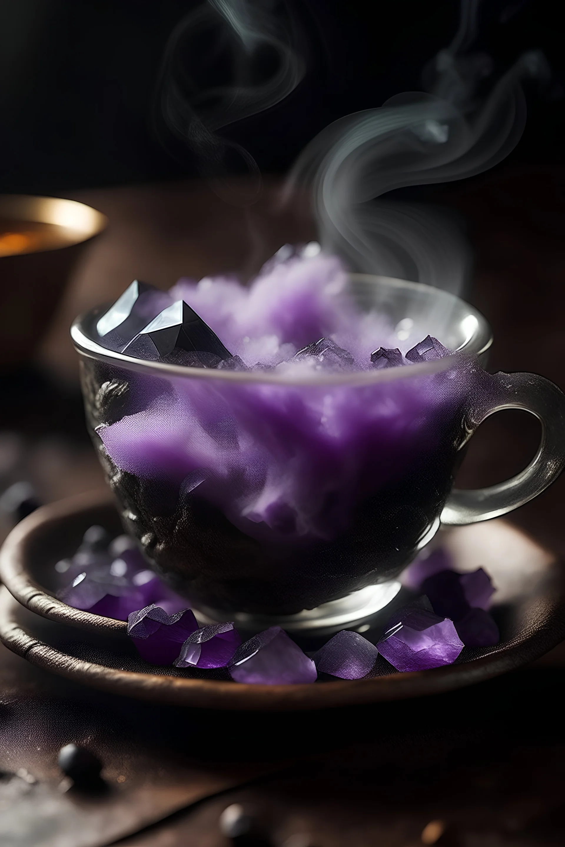 Stunning amethyst crystals rising as steam from a cup of coffee.