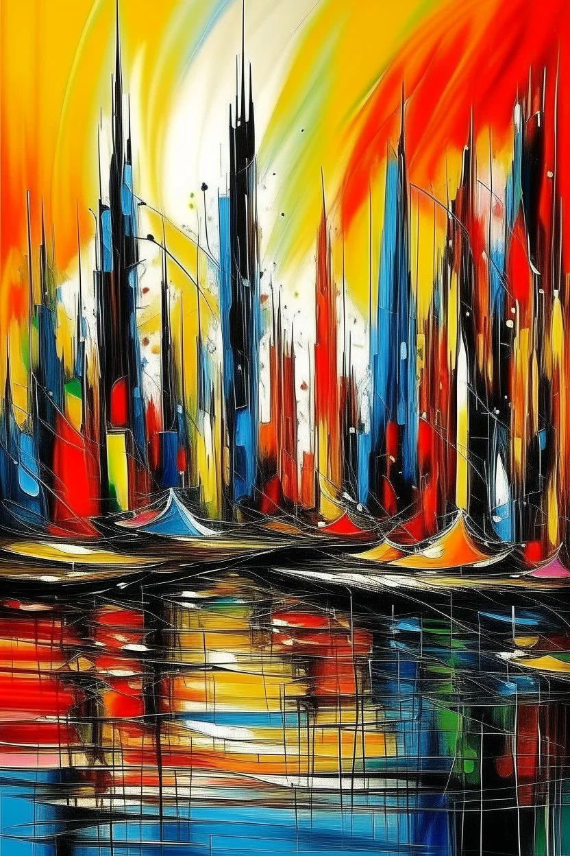 Dubai city in abstract expressionist painting in vivid colors, thick impasto brushstrokes, spontaneous drips and splatters, texture and movement, explore emotions and ideas through non-representational forms --v 5.2