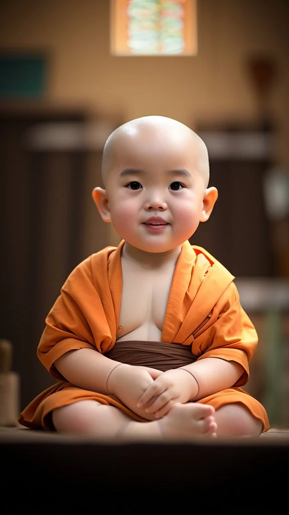 A 3-year-old monk boy with round cheeks, sitting, looking at the camera, monk costume, cute and cute, masterpiece, high quality, highly detailed.