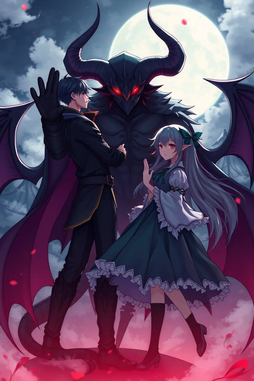 a dark fantasy anime character lovers with a big dark demon