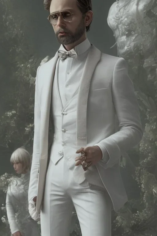 8K, a Highly detailed stunning portrait of Dom man with a kneeling submissive woman, white suit, beard, and short hair, bad boy