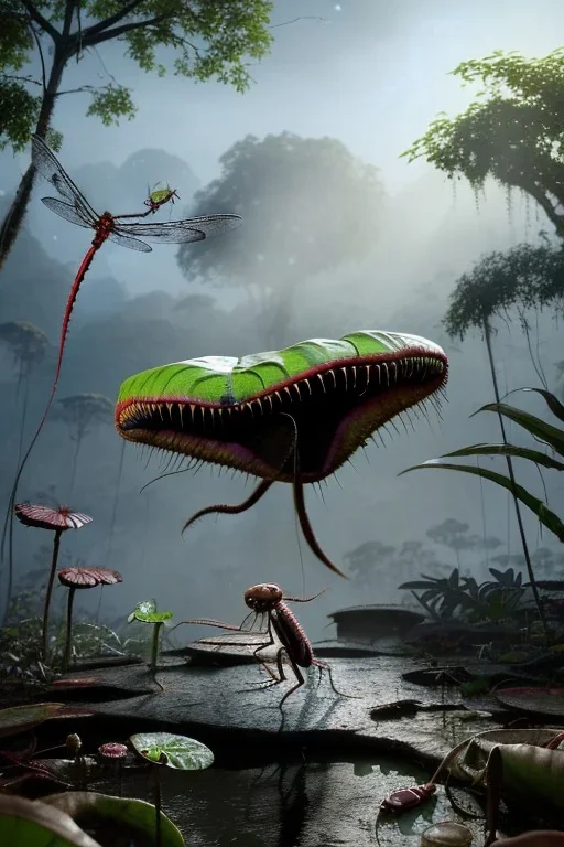 large venus fly trap with teeth eating a dragonfly, flowers, jungle, hyperrealistic, trees in background, digital art, alien like, disgusting, intricate, morbid, rainy, sinister, volumetric lighting, unreal engine, high resolution, 8k, depressing colors, dark colors, horror, horrific,