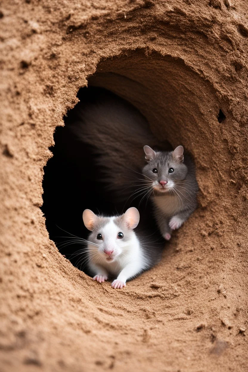 a mouse inside a hole is feared by a giant cat waiting outside