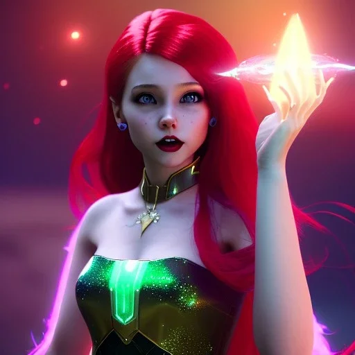 Attractive teenage girl with blood-red hair who is dressed like a space witch casting a spell, girl has green eyes, background is realistic space renditions, goth girl dress, full body portrait, arm colors gradient effect into stars, rendered, unity 3d, unreal engine, dslr, hdr, 4k, edited, photorealistic, normal number of appendages, freckles