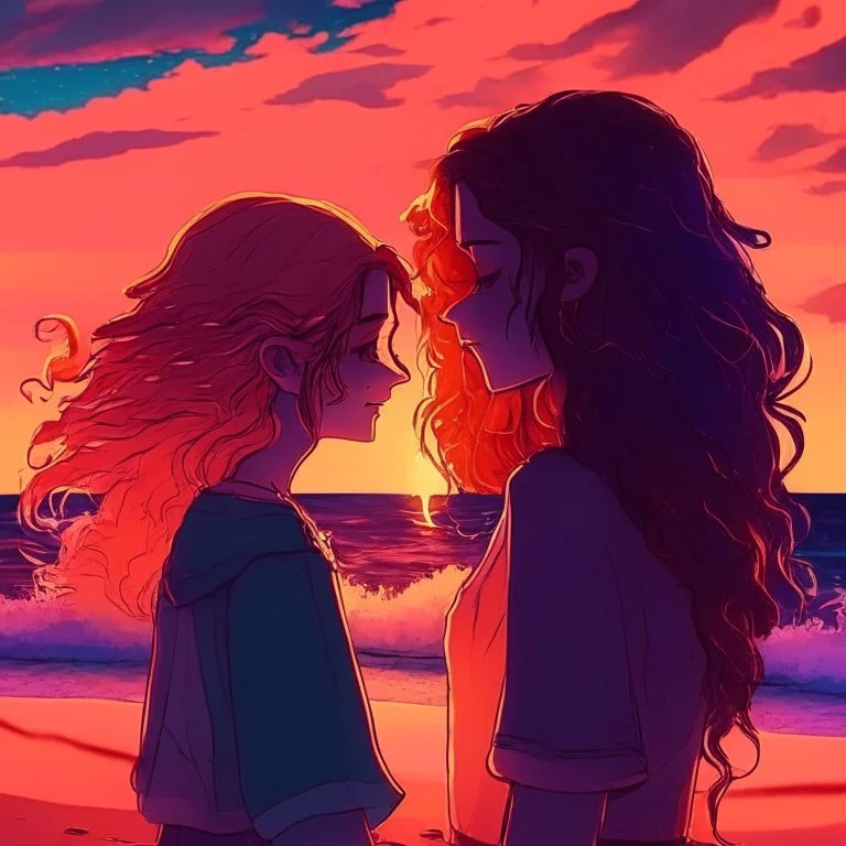 Pixar,sunset, lofi colors, lofi vibes, cool colors, 2 girl
