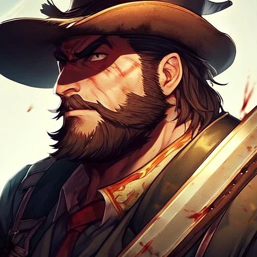 Clear focus, High resolution, max detail, Portrait, bearded, Gunslinger, Cowboy, cowboy hat, serious face, Blood Splatter
