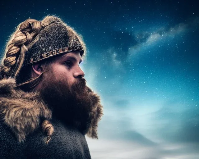 a sad and lonely viking looking up at the stars at night, hyper realistic, 8k, insane detail, atmospheric background, crying eyes, big fur coat, long braided hair, sharp focus, soft background, dynamic lighting, viking helmet, night time