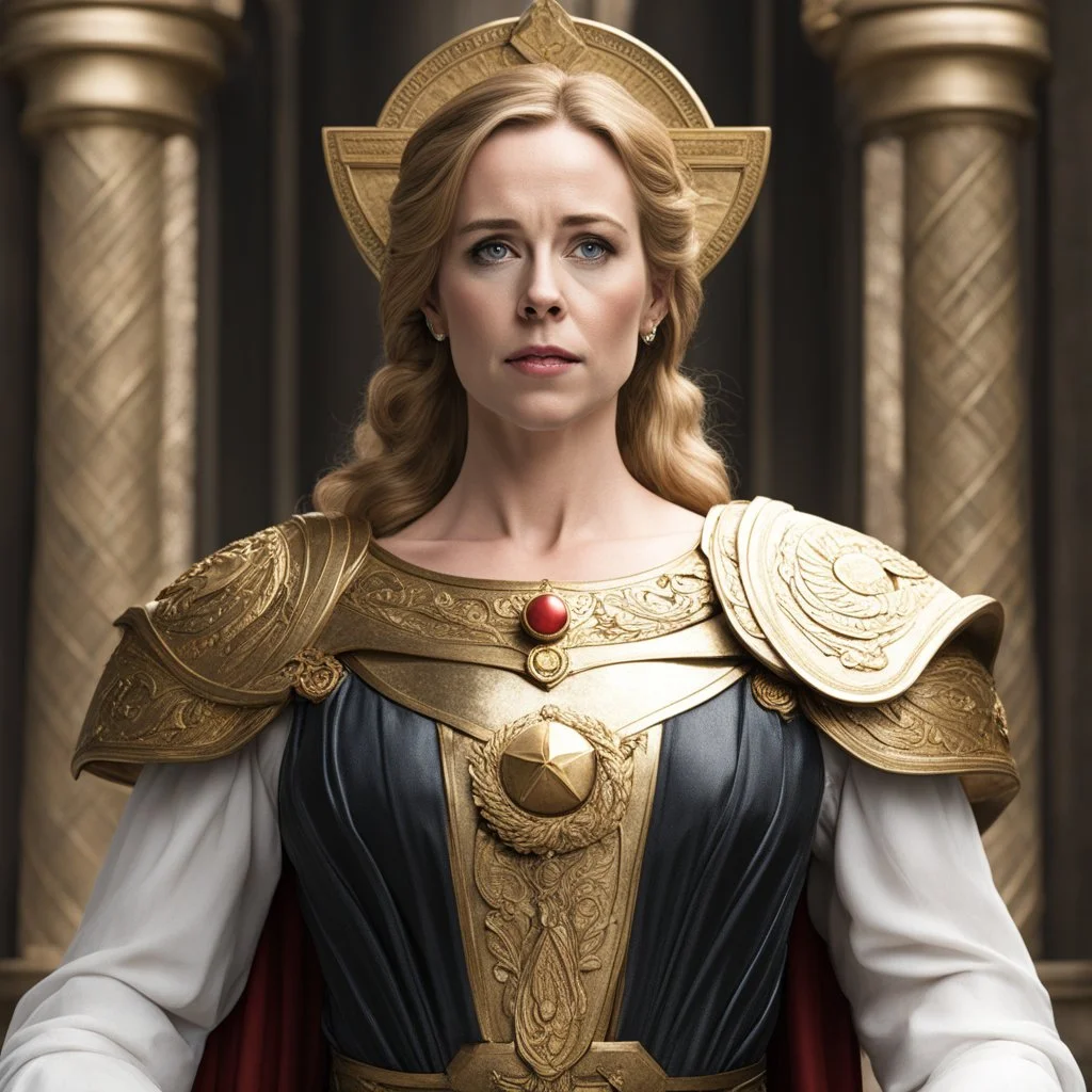 Amy Hargreaves as the deity of justice, she is blind and holds the scale