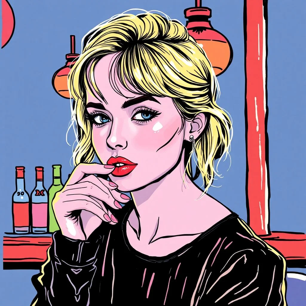 Lily rose depp in a marker illustration style, in a bar