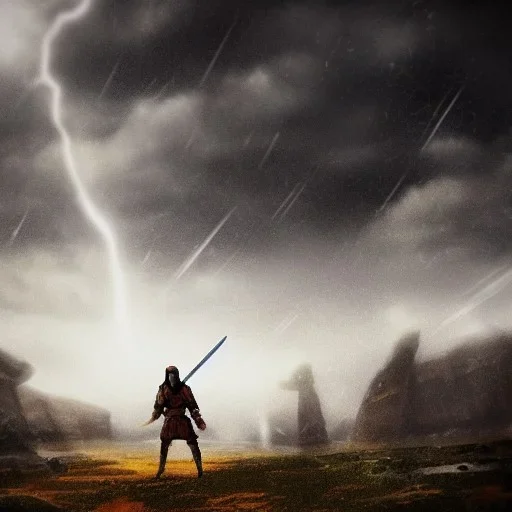 Sword soldier. Medieval doom scenary. Heavy rain. Epic Lighting in the sky. Falling object from the sky. Meteorite burning in the distance.