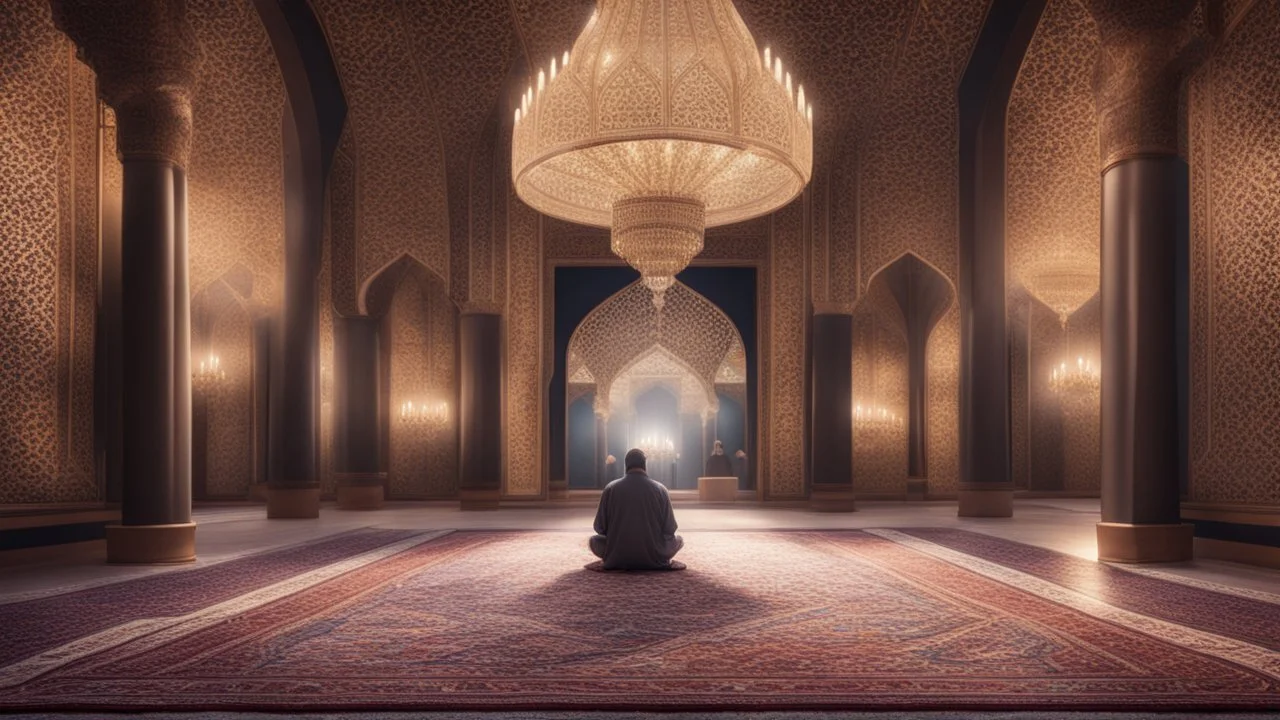 Hyper Realistic man praying in sajda inside a beautifully crafted mosque with fancy walls & pillars, chandeliers & beautiful carpet at night