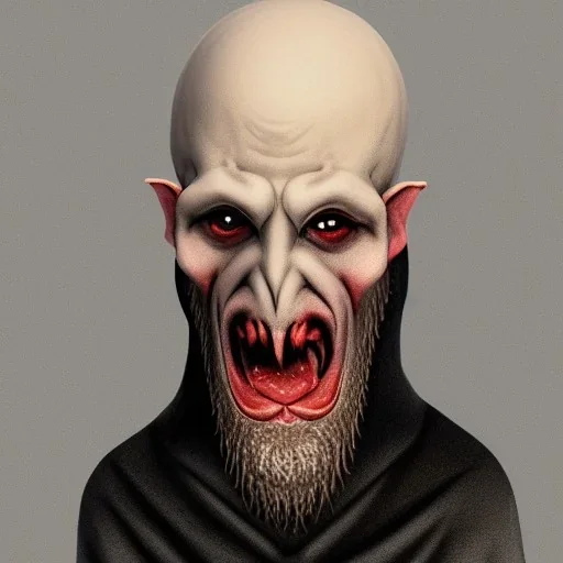 Realistic Nosferatu with tentacle beard as Russian Orthodox and vampire fangs