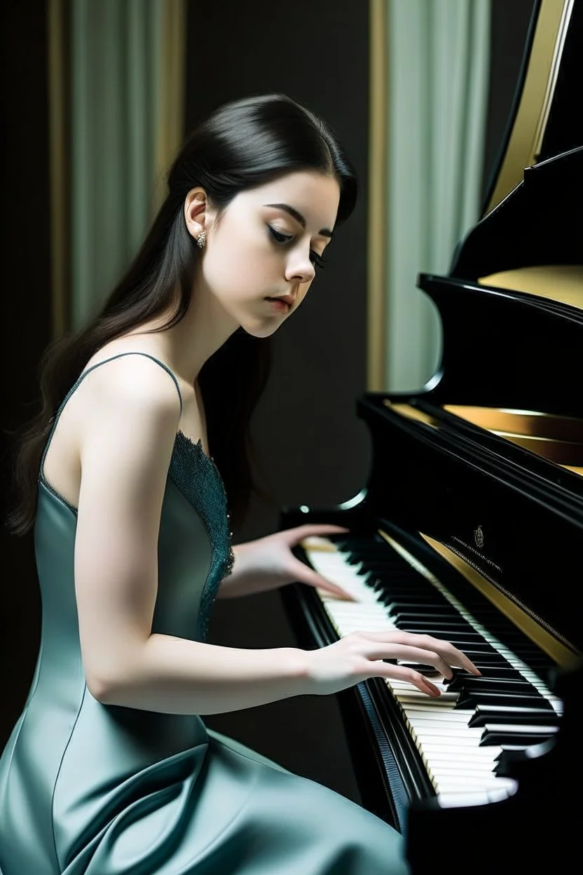 Portrait of dark haired young woman wearing a pale blue silk dress playing a glossy black piano