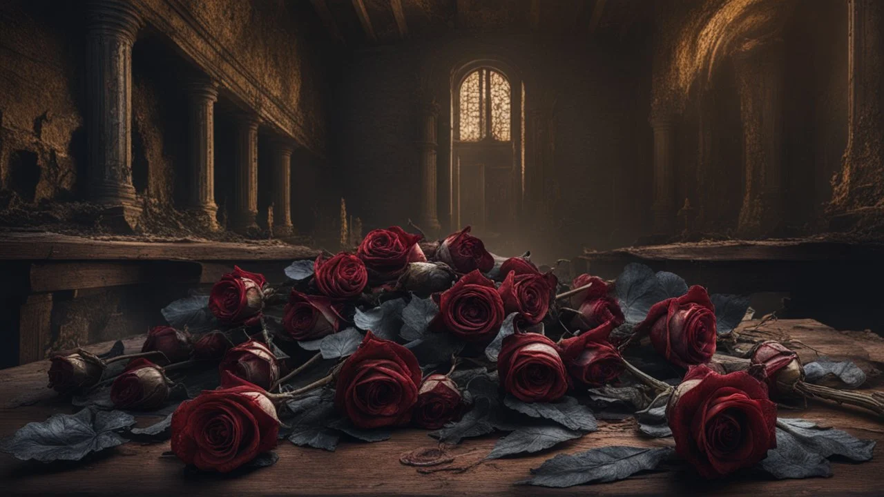 withered black roses lie down on the wood table in an old ruins room, detailed matte painting, deep color, fantastical, intricate detail, splash screen, complementary colors, fantasy concept art, 8k resolution , sinister, crepy, a masterpiece, 8k resolution, dark fantasy concept art, hyperdetailed, intricately detailed, Splash screen art, deep color, Unreal Engine, volumetric lighting,