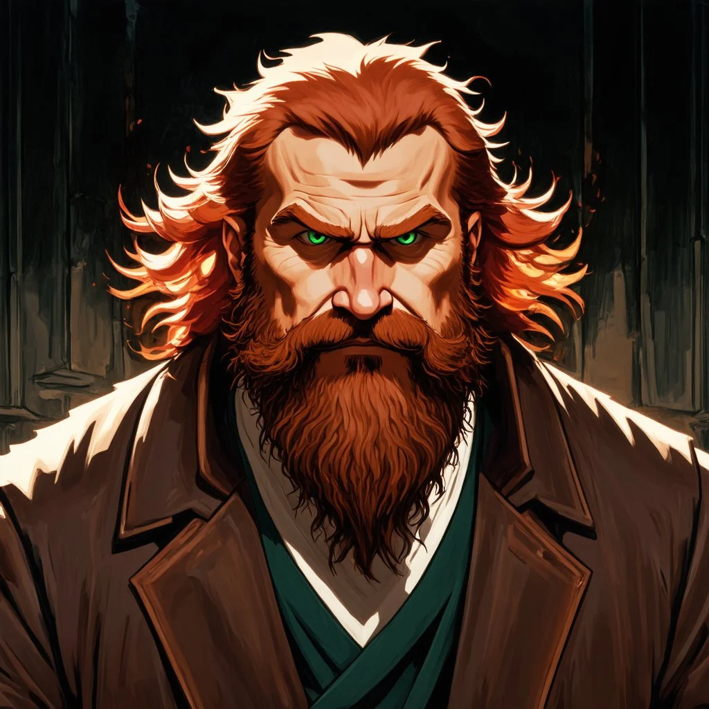 dnd, fantasy, watercolour, stylistic, portrait, illustration, dull colours, male, dwarf, face, bearded, long brows, frugal, weathered face, green eyes, determined, happy, red hair, very long hair streaming down the shoulders, radiating light, five o'clock shadow, softer facial features, dignified