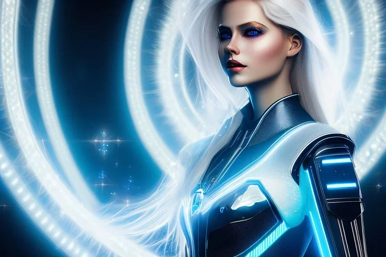 A beautiful portrait of a cute smiling cyber woman with wings, long blond platinum hair, luminous blue eyes, high key lighting, volumetric light high details with blue and white stripes white luminous celtic paterns, beam starry background