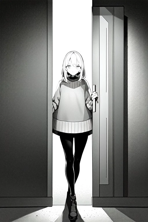 girl is standing outside a door, wide angle view, greyscale