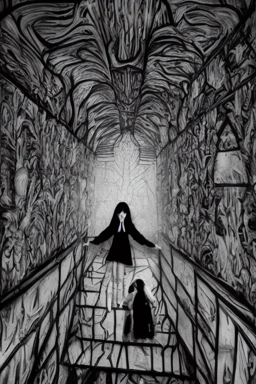 Wednesday Adams in 3d scary dark room Escher style