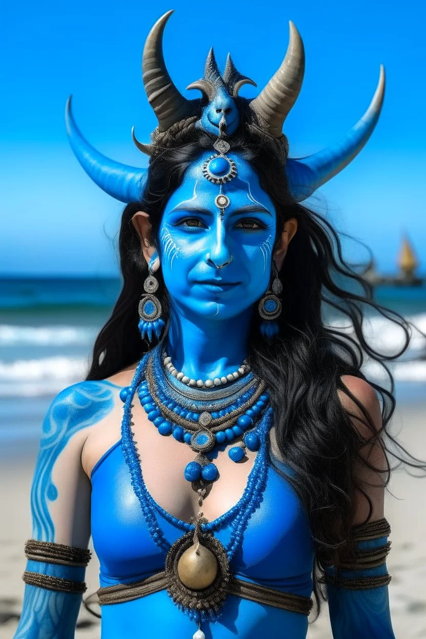 A photo of a blue skin Hindu goddess with painted blue face and body skin, wavy black hair deer antler horns, standing on a sunny beach