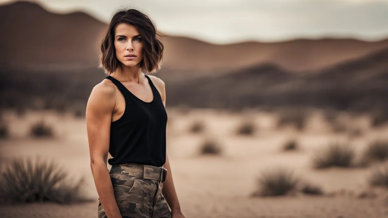 beautiful caucasian female technician, black tank top, well toned muscles, weathered face, scratched sand camo metal details, short brunette wavy bob haircut, dystopian, desert scene