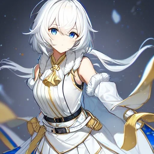 Clear focus, High resolution, rough line sketch art, short fluffy white hair, hair between eyes, fluffy hair, blue eyes, wearing a sleeveless shirt, wearing a a pleated skirt , detailed outfit, lots of details, bow on belt, white belt, white and blue everywhere on outfit, cut sleeve, yellow chains around outfit, concept art