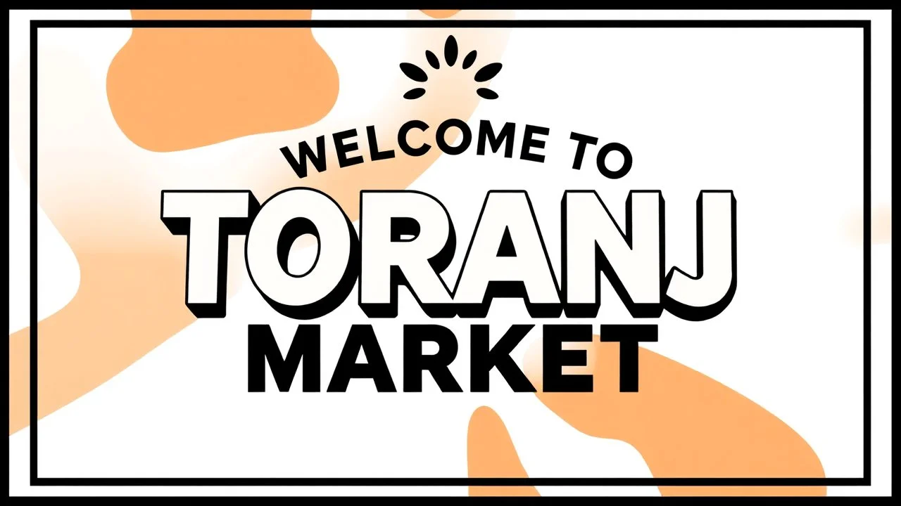 A design with the words (WELCOM TO TORANJ PLUS MARKET) in the middle of the image in a raised, three-dimensional manner with black shadows around the words on a saccodolic orange, red, and white background.