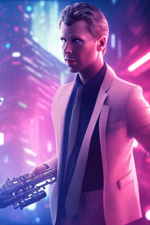 saxophone player, white man, big hair, blade runner setting, volumetric lighting, particals, intricate detail,realistc, close up