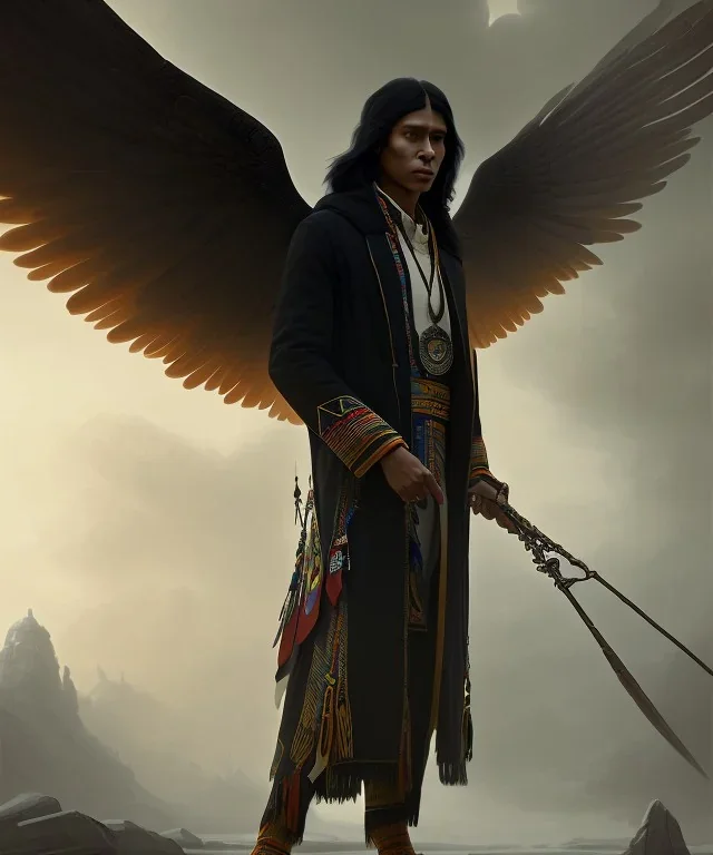 native american warrior, wizard doctor, long black hair, black hooded coat like wings, 8k resolution concept art portrait by Greg Rutkowski