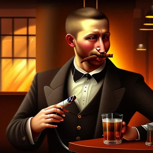 painting of a man with a cigar, sitting in a bar, highly detailed