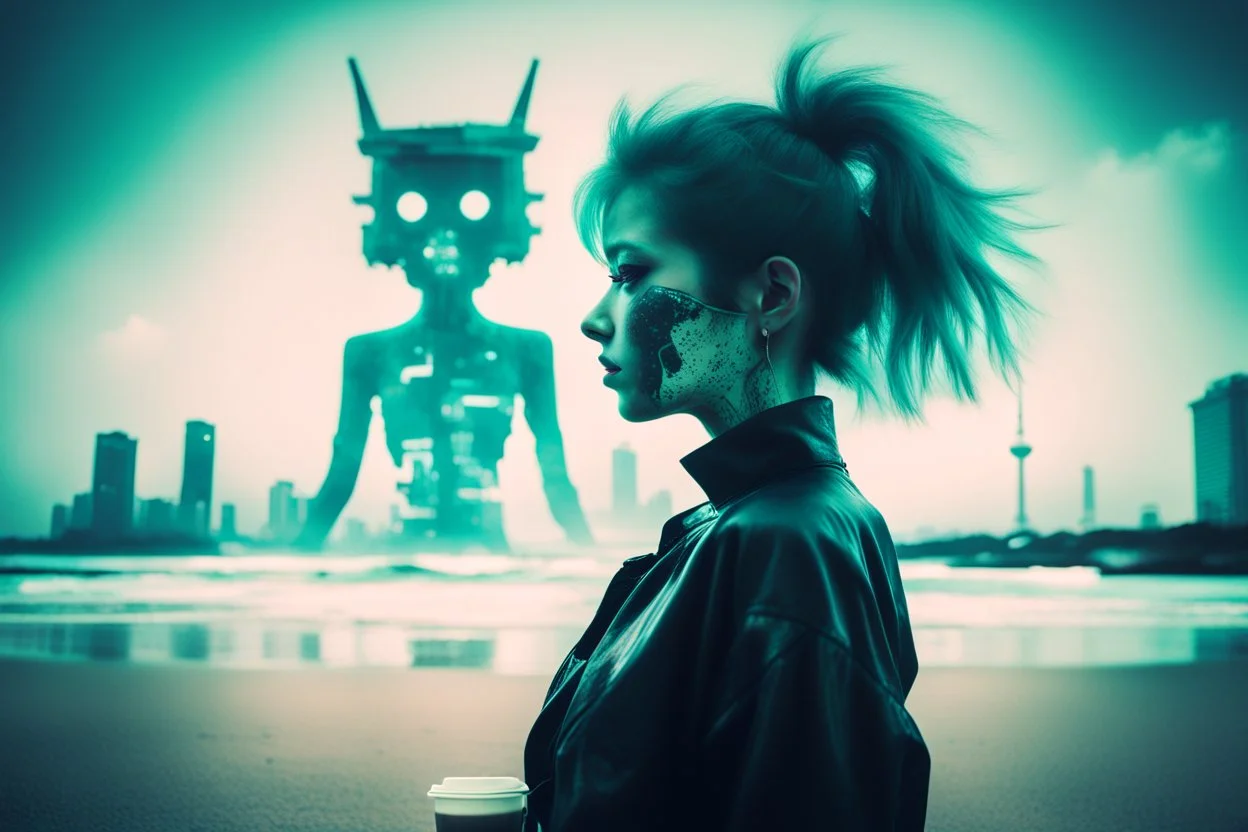 double exposure style: cyberpunk girl on radioactive Tokyo beach with (((coffee monster))), negative space