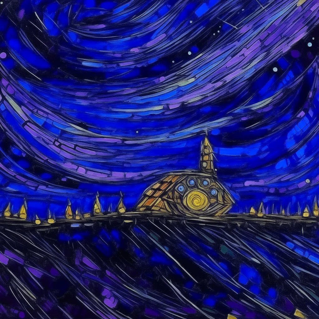 A violet space station in a galaxy painted by Vincent van Gogh