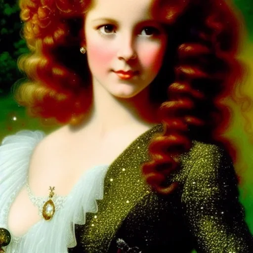 Young robyn lively, meticulously detailed face, meticulously detailed multi-hued long red curly hair; ethereal fantasy. hideo kojima. realistic oil painting. victorian era, glitter, luminous color sparkles, old fashioned, vintage, antique, beautiful, renaissance, 16k