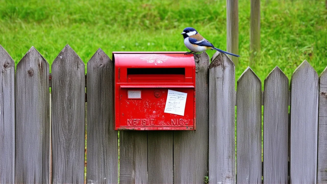 an old wooden fence with a little bird on it, a red old mailbox on the fence, a big note stuck on the mailbox