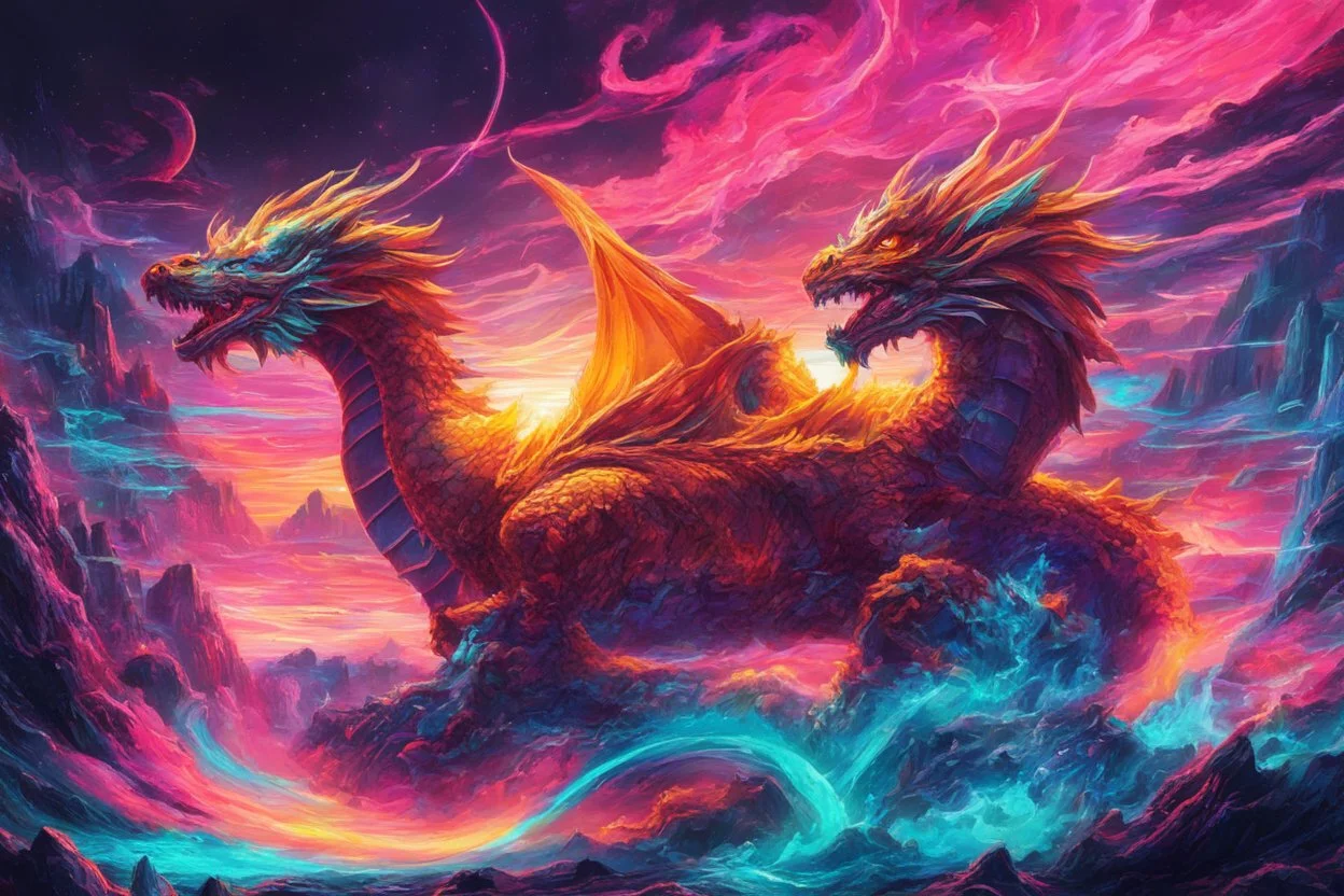 Dragon in a vibrant synthwave dreamscape, neon chaos swirling energetically around pixelated forms, a dynamic fusion of retro gaming nostalgia and futuristic abstraction